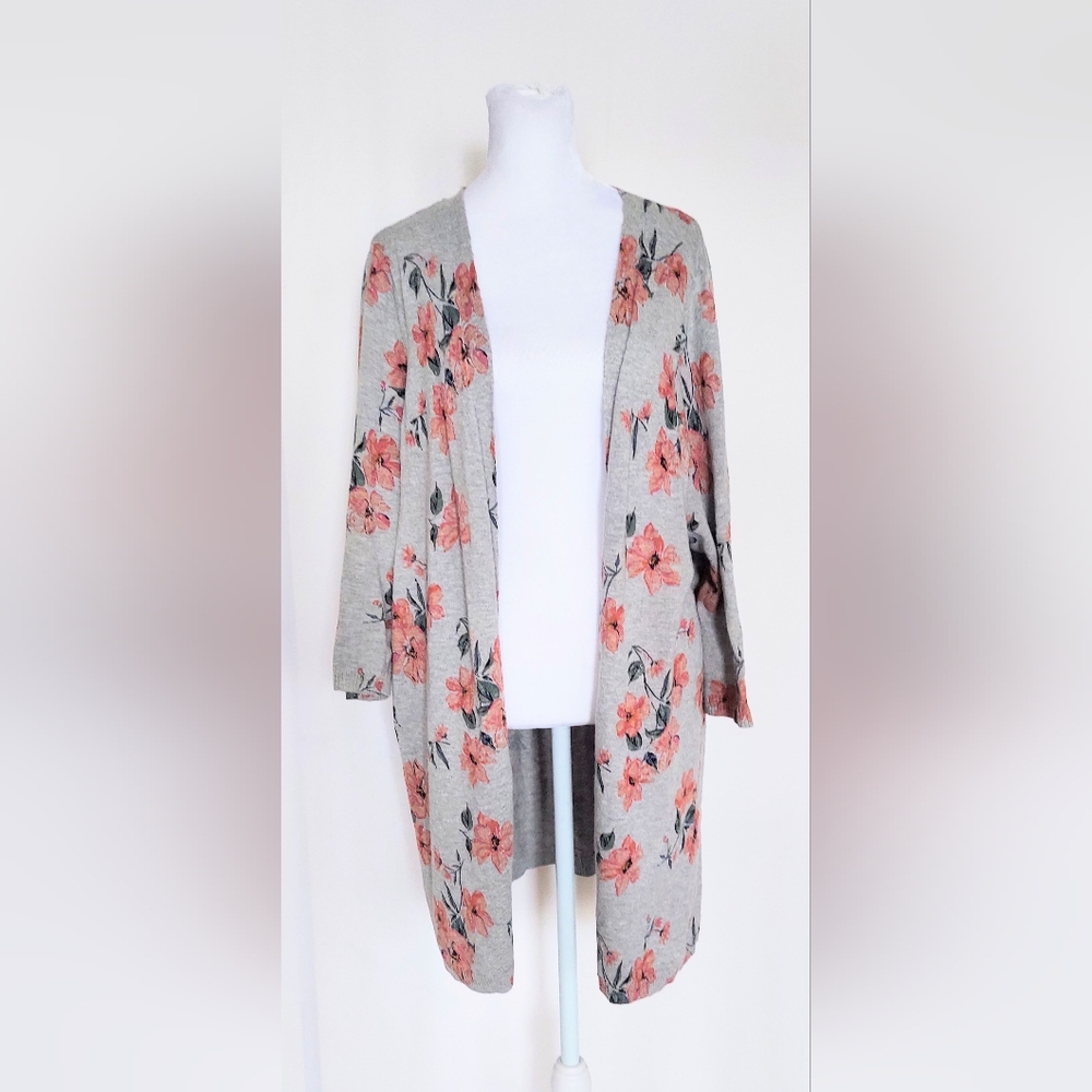 Torrid Kimono Duster Cardigan Sweater Gray Pink Floral Size 1X